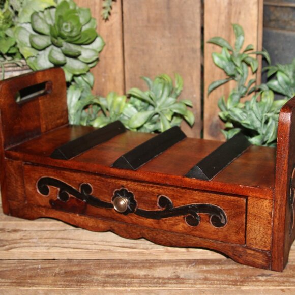 Pier One Imports Wooden Carved Counter Top Wine Rack with Drawer Storage - Picture 3 of 8